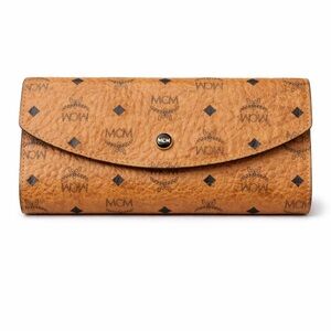 Authentic MCM Visetos Ling Wallet Cognac with Designer Monogram Snap Leather